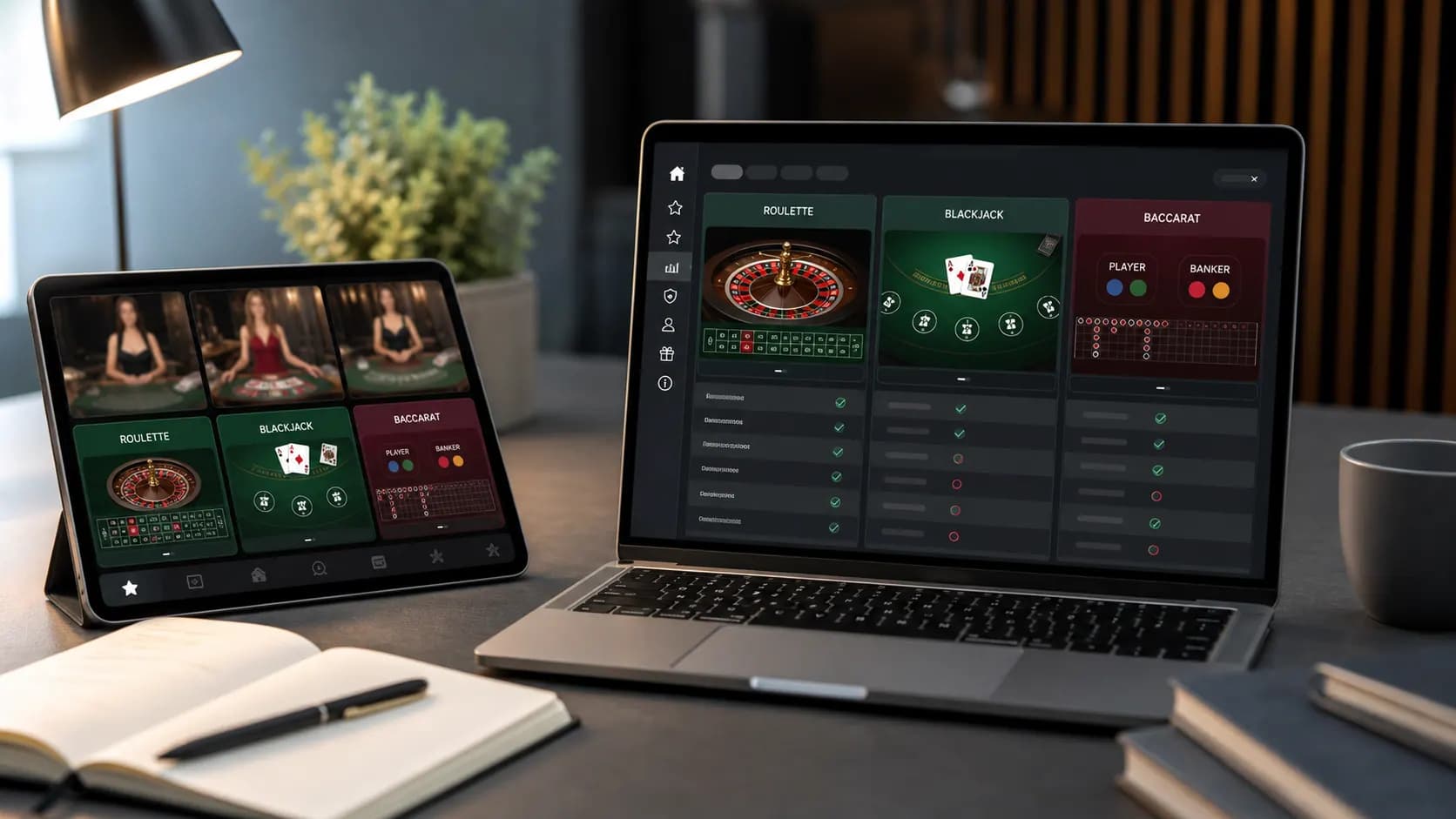 Redaktionel illustration af live casino og bordspil paa en tablet